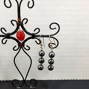Hematite Beaded Earrings Round Black Beads Boho Whimsygoth Bohemian 1 1/4" Drop